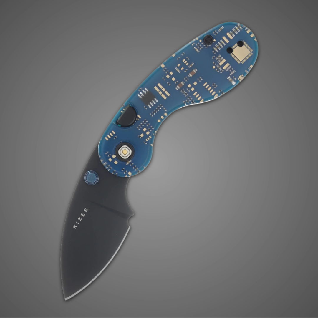 A blue electronic knife with a black blade on a gray background.
