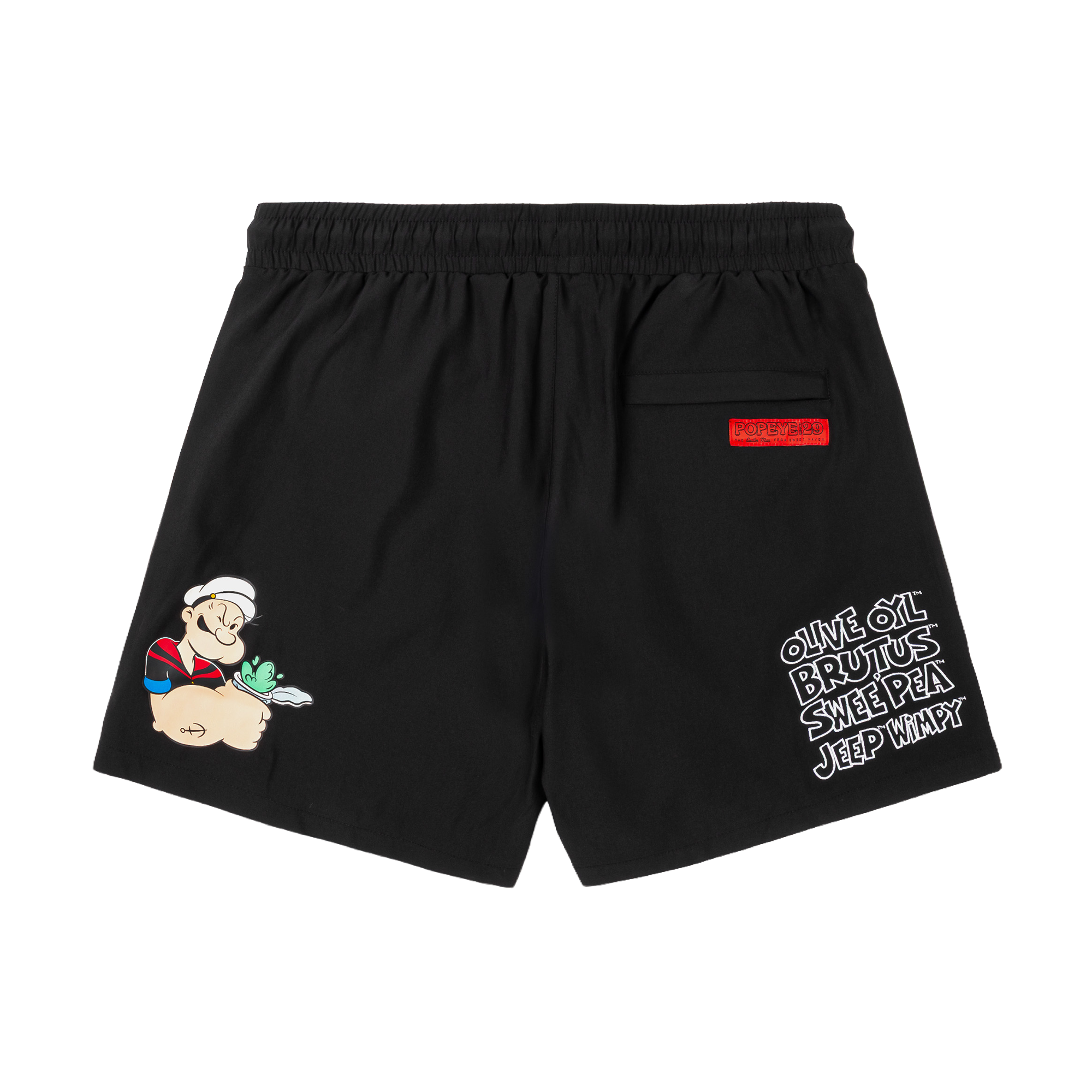 Black shorts featuring cartoon characters and 
