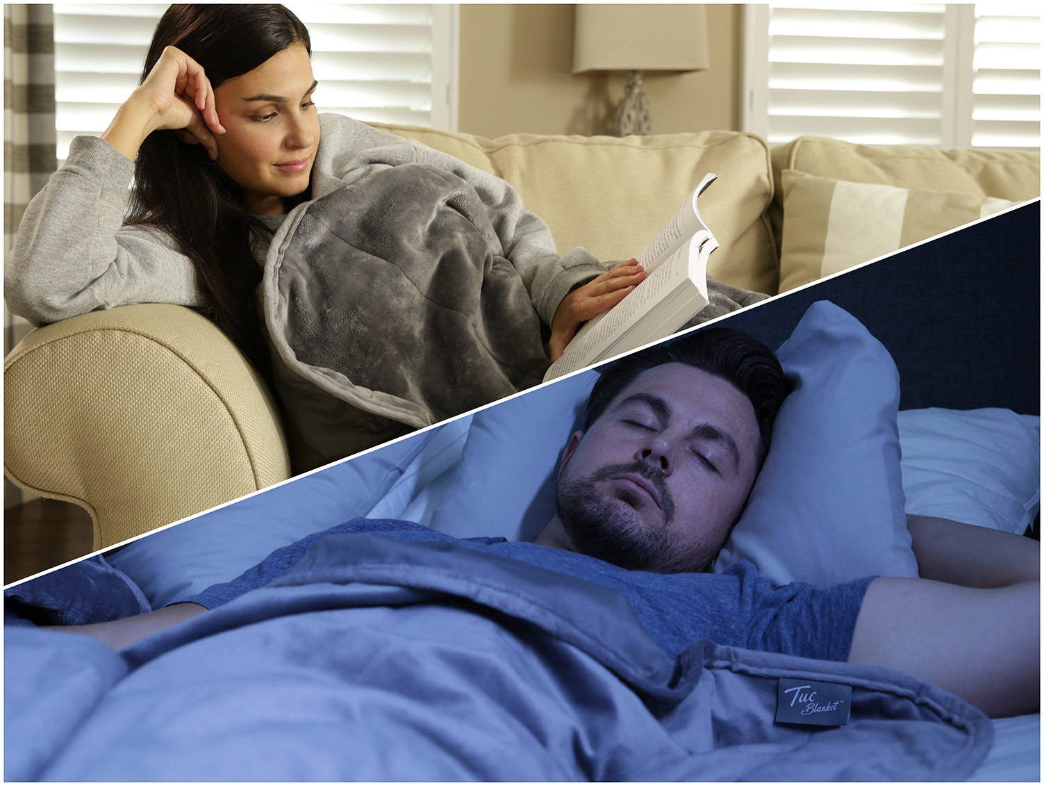 Two part image. Man sleeping peacefully with a Tuc Cool weighted blanket. Woman reading a book on a couch with the Tuc Warm weighted blanket.