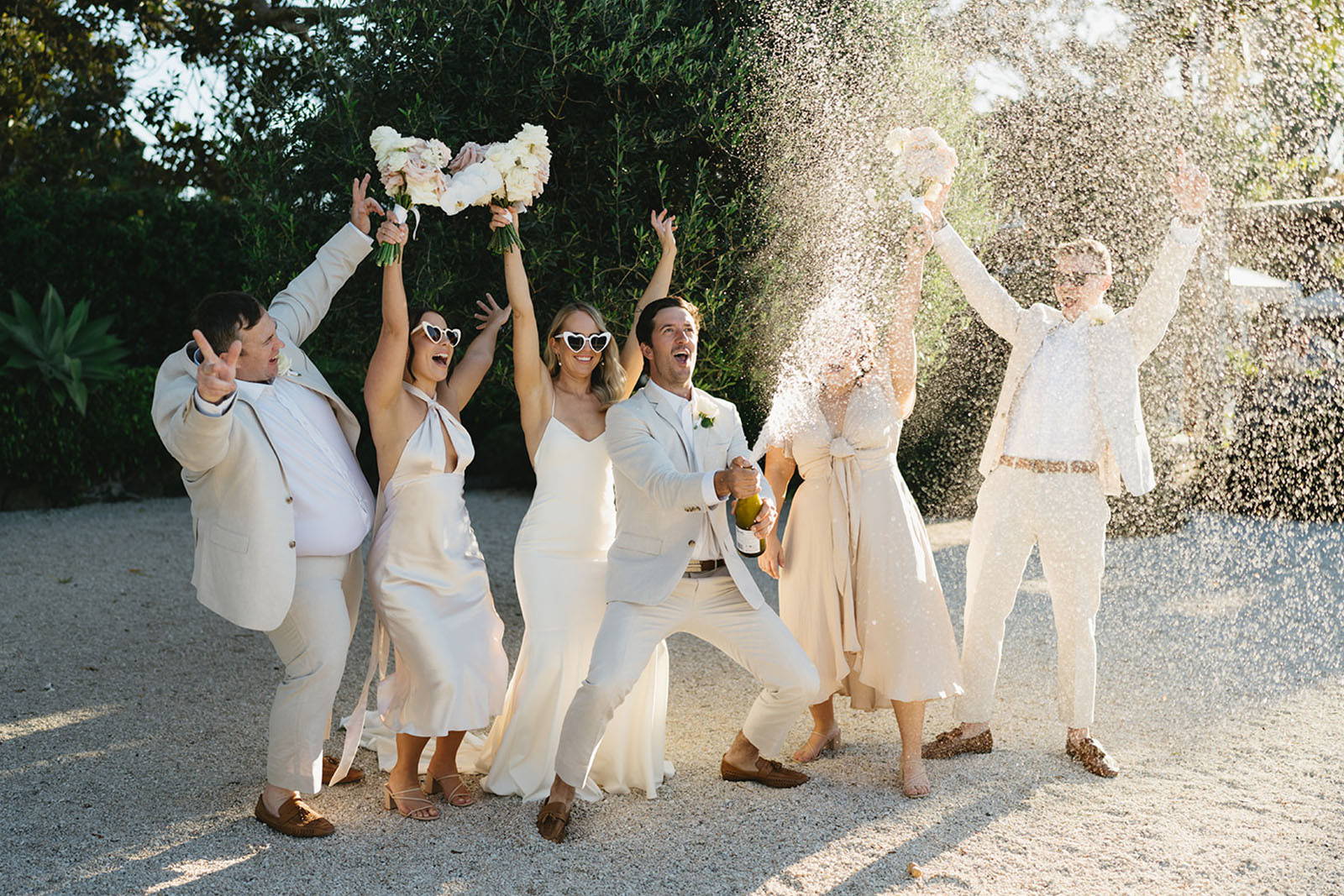 bride and groom, alongside their friends