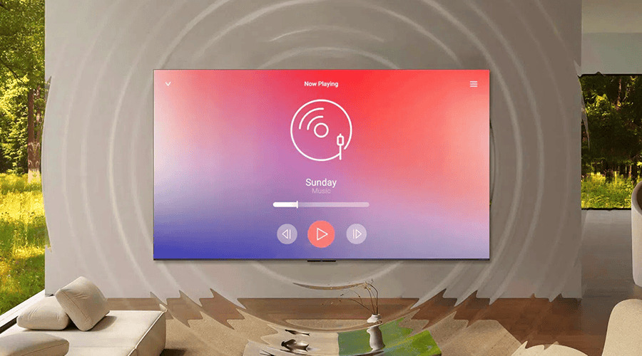 Smart TV displaying sound wave icons in a modern living room setting.