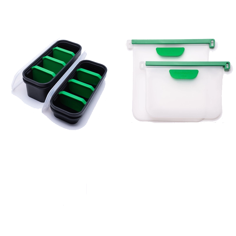 Two sets of food storage containers with green accents.