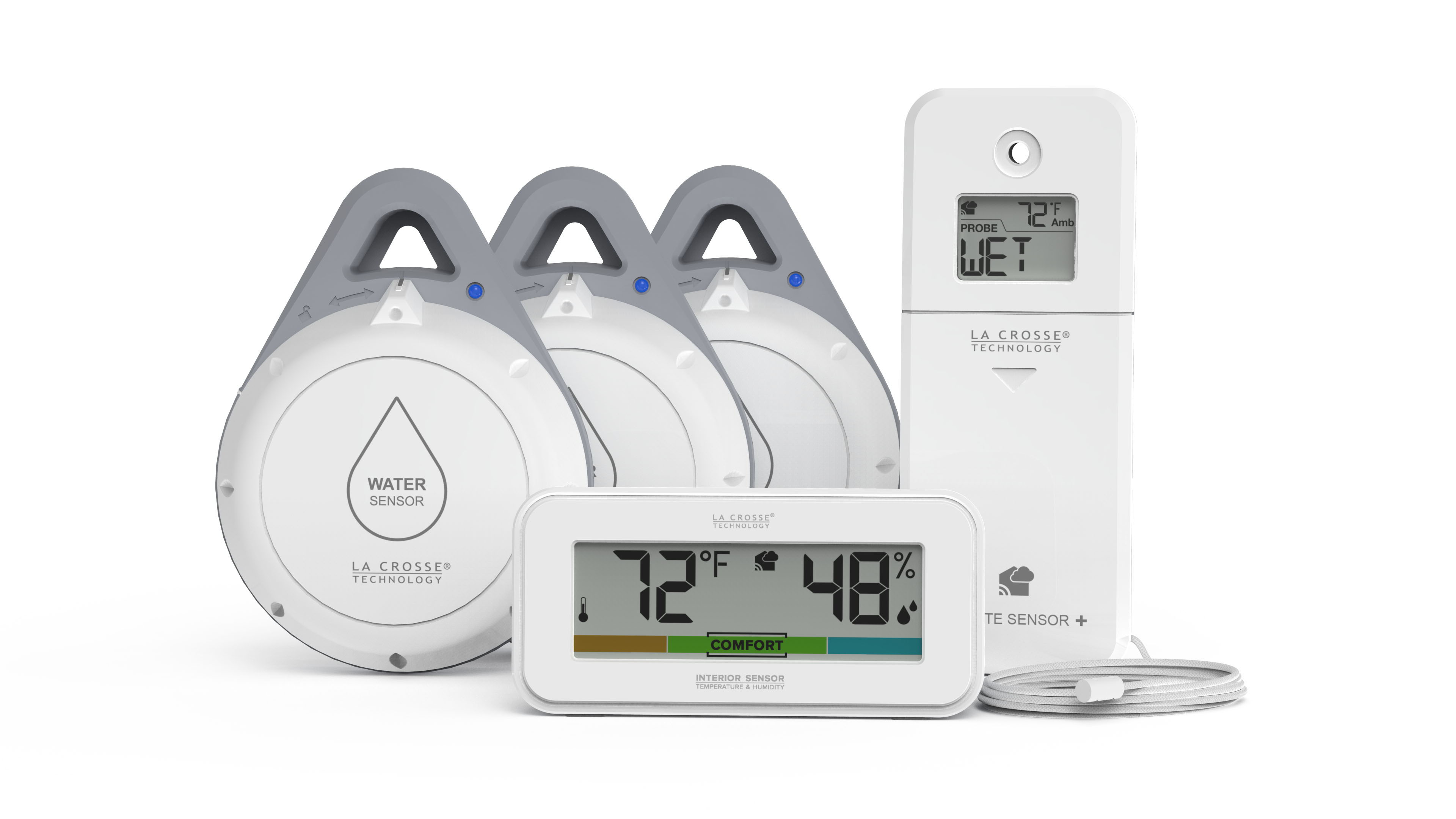 Leak Geek Bundle Option #5 - Bridge Gateway with three water leak spot detection sensors, one water leak area detection sensor, and one interior temp and humidity sensor. Click or tap to shop now.