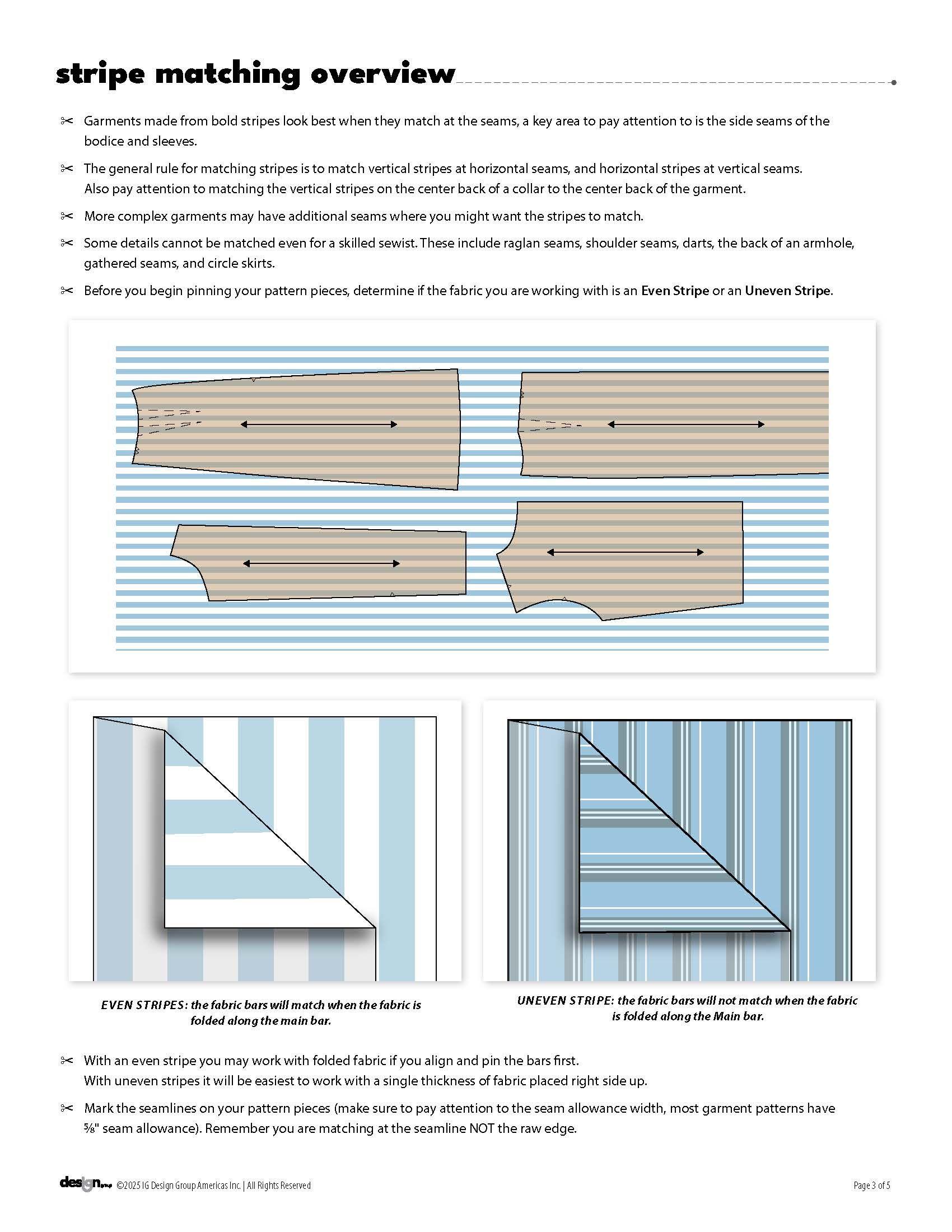 Diagram showing stripe matching techniques for sewing patterns.