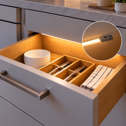 Illuminated kitchen drawer with plates, utensils, and organized compartments.