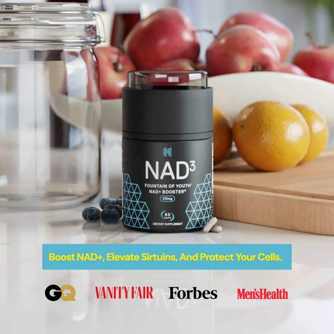 NAD+ supplement bottle with fruit and publications' logos in the background.