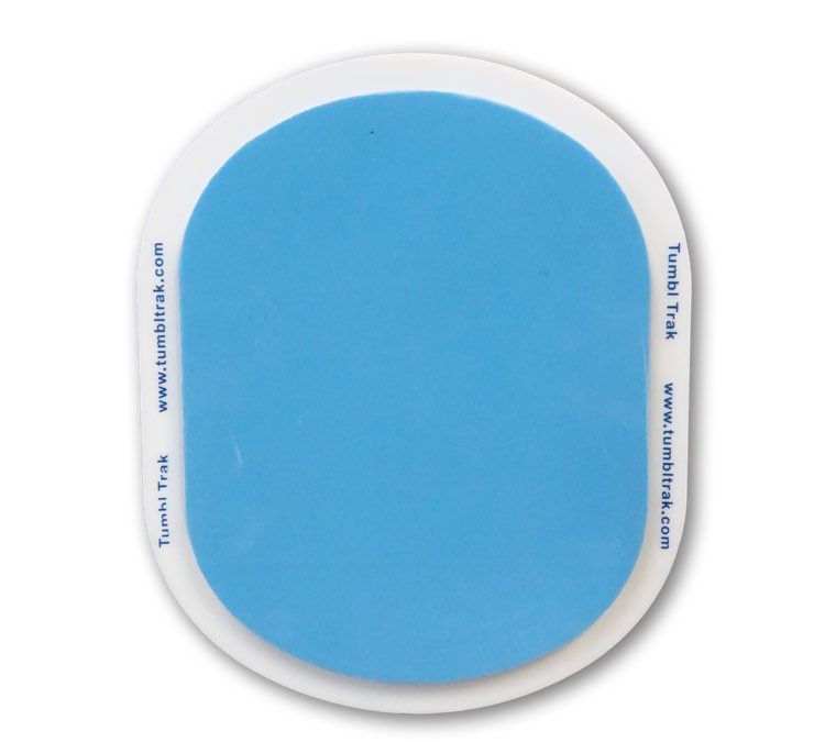Blue oval-shaped adhesive pad on a white backing.