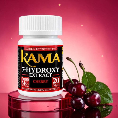 KAMA 7-HYDROXY Extract bottle with cherries and leaves on a pink background.