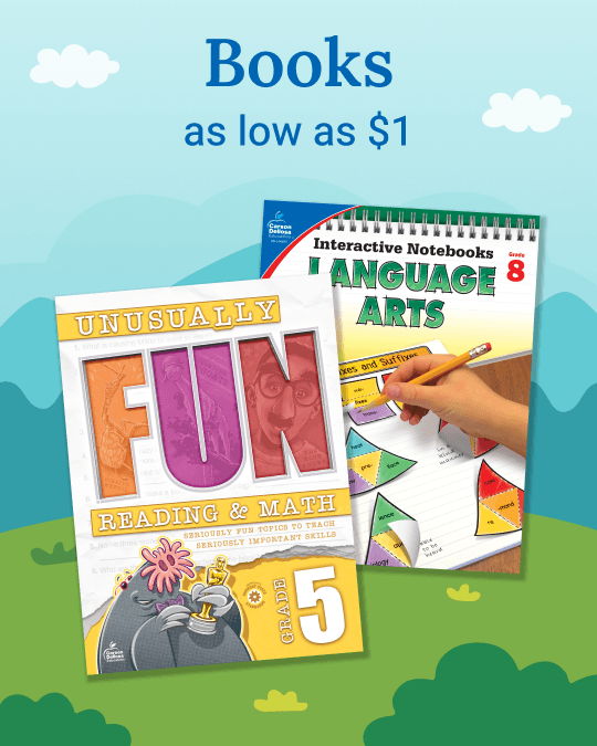 Books on sale, featuring fun learning materials for language arts and math.
