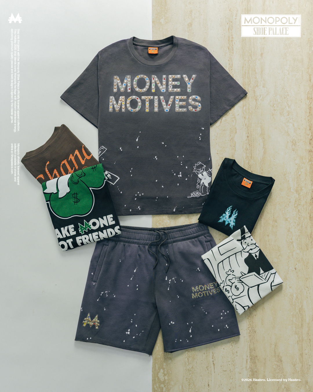 Five t-shirts and shorts displayed on a neutral background.