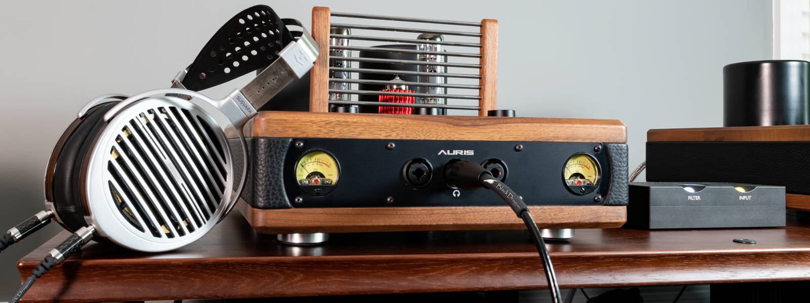 HiFiMan SUSVARA headphones with Black Dragon Cable and Nirvana tube amp from Auris Audio