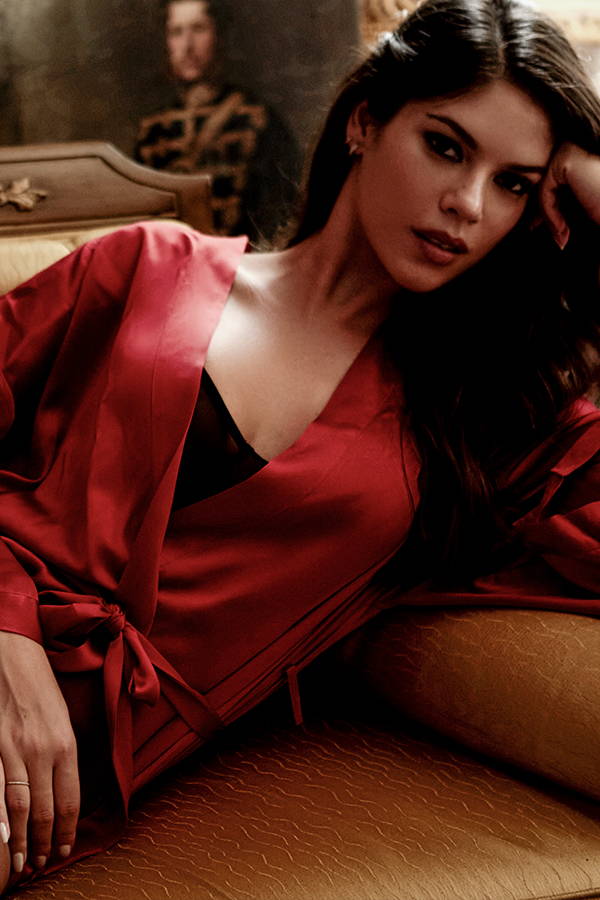 Female model wearing the Journelle Celine Classic Robe in Scarlet