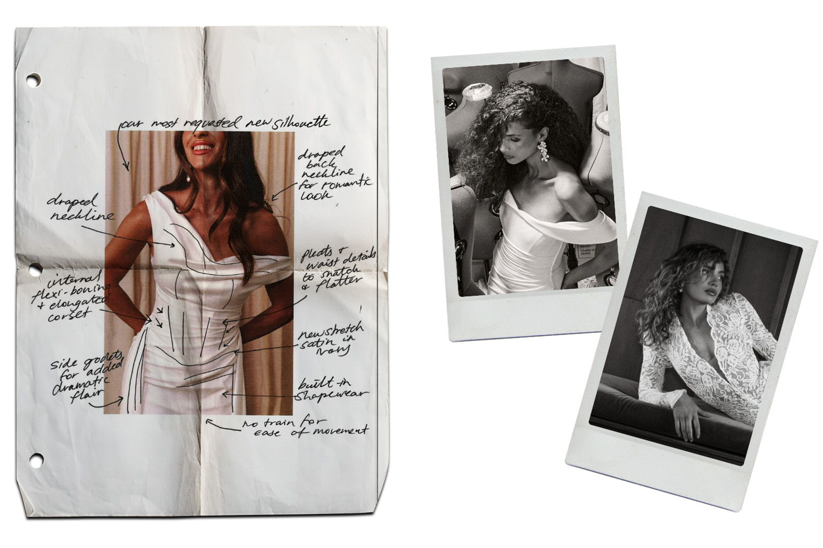 Collage of photos with notes on the dress and style.