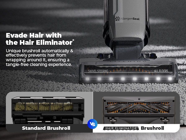 Evade hair with the Hair Eliminator. Image shows comparison of standard brushroll vs hair eliminator brushroll.