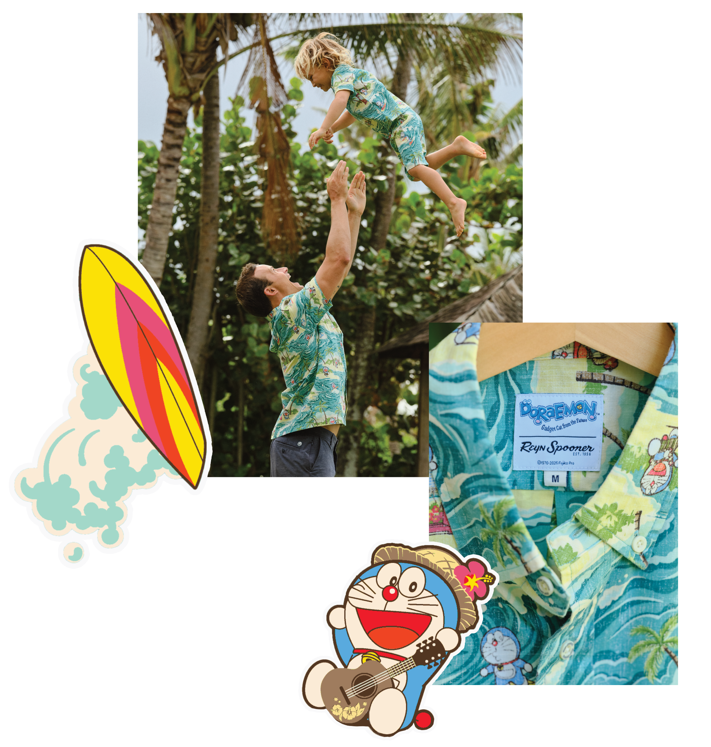 A man plays with a child in tropical shirts, featuring cartoon decorations.