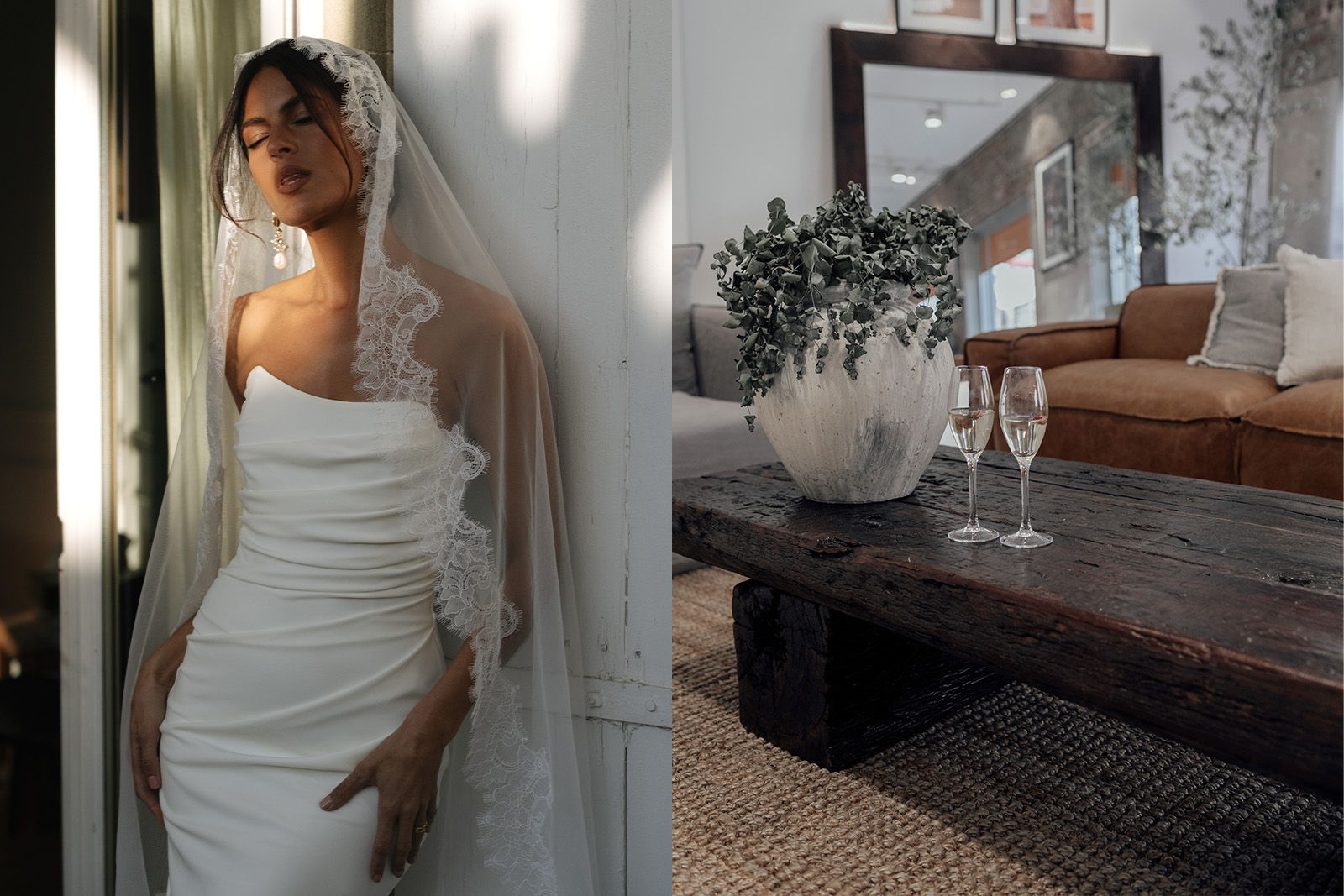 Bride in white dress with veil beside a cozy living room setting.