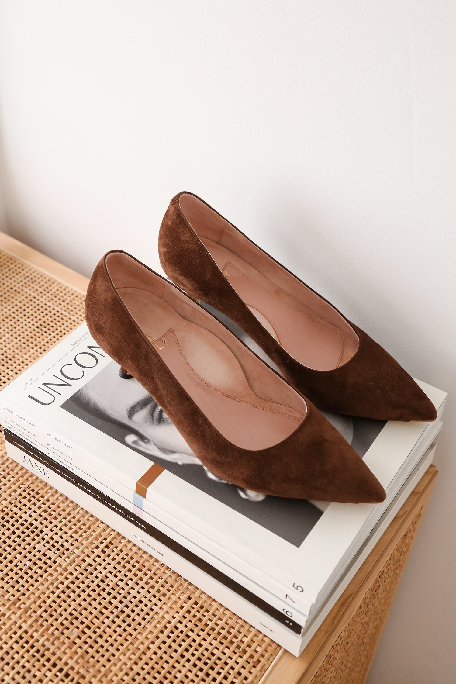 Brown suede pointed-toe heels on top of magazines.