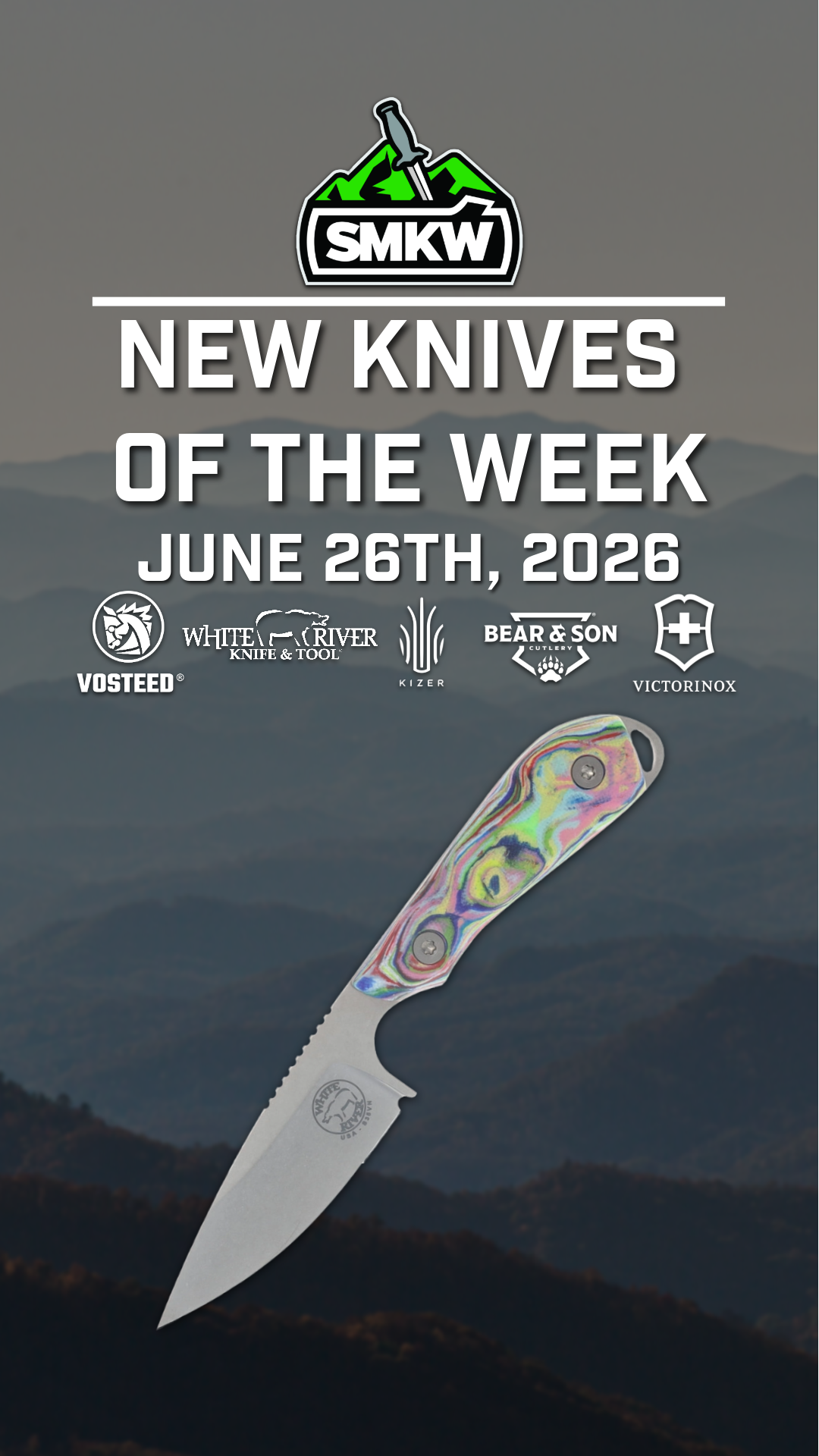 Promotional image for new knives, featuring a knife and brand logos.