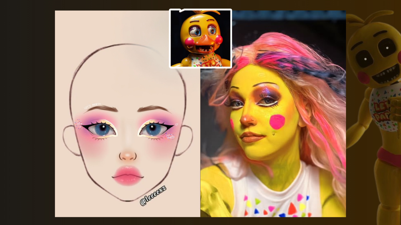 Toy Chica Five Nights at Freddy’s cosplay close-up showing detailed face makeup with yellow base, bold pink cheeks, dramatic eyeliner, and animatronic-inspired expression for horror game character transformation