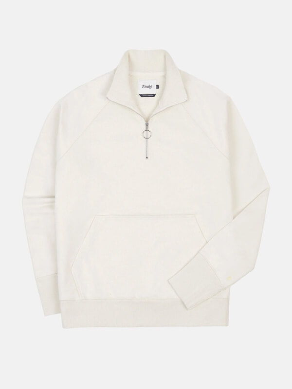 White zip-up sweatshirt with a front pocket.