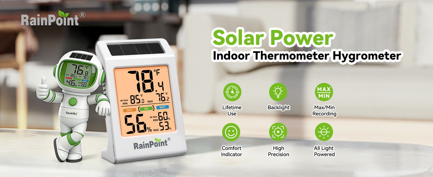 Solar-powered indoor thermometer and hygrometer with cartoon character.