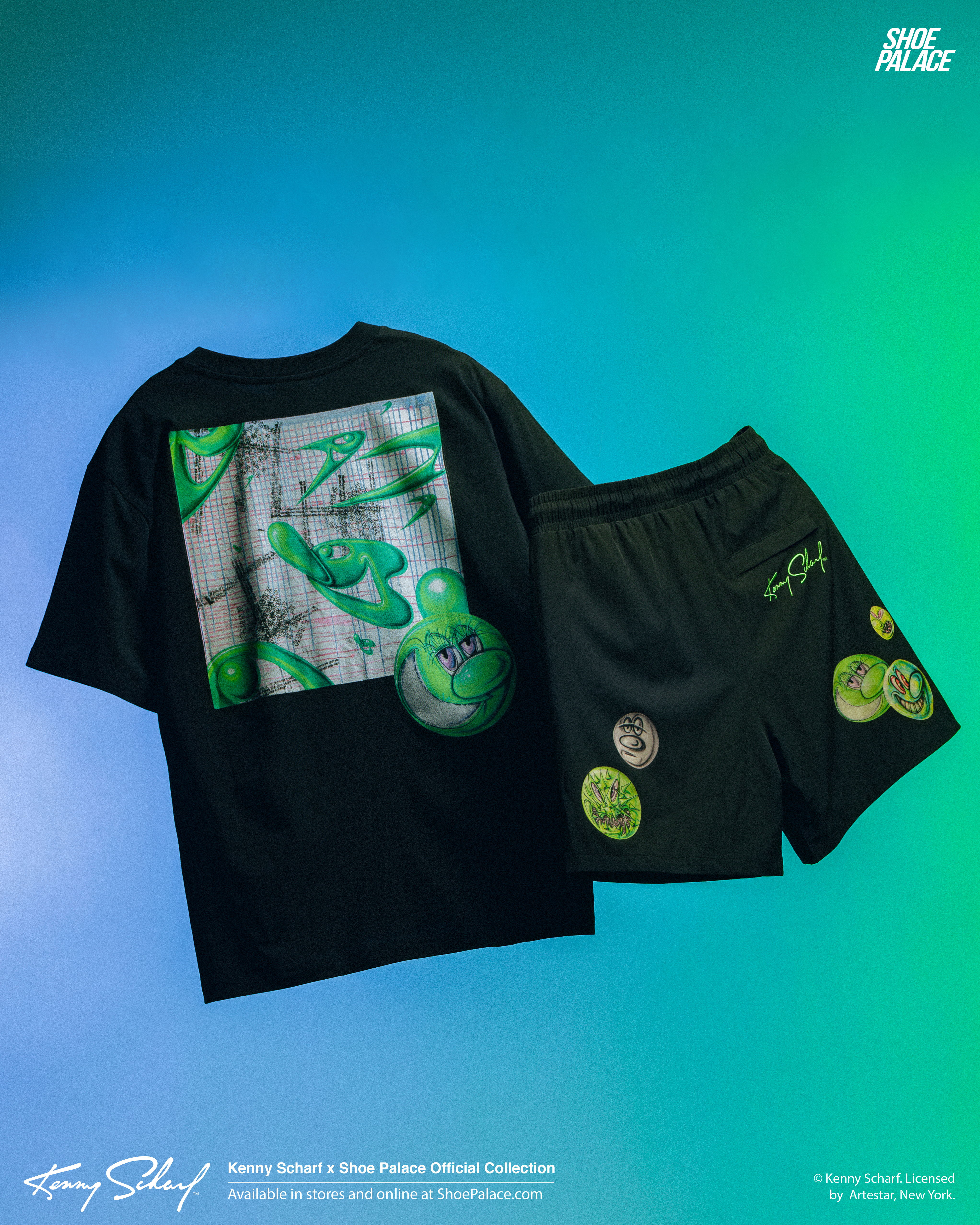 Black t-shirt and shorts with green graphic designs and logos.