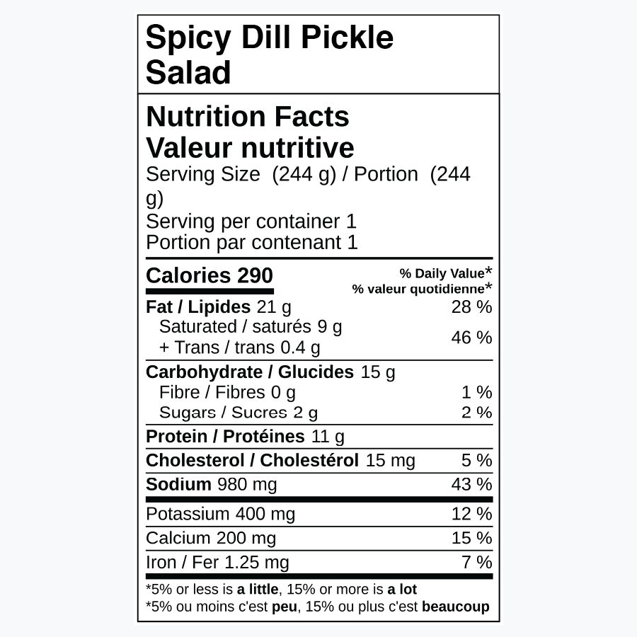 Nutrition facts label for Spicy Dill Pickle Salad.