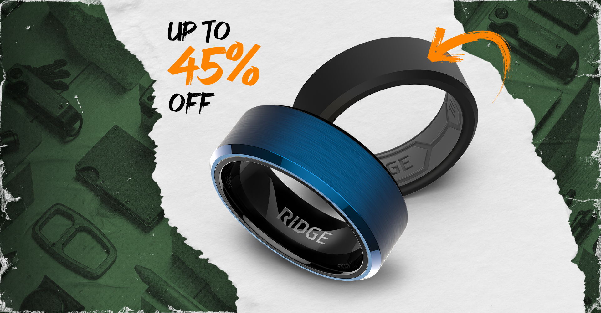 Two rings, one blue and one black, with a discount text.