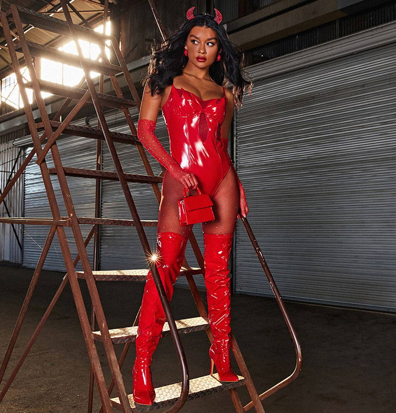 Heat it up in women's devil costumes from Windsor in red or black devil costumes with latex bodysuits, catsuits, tight dresses, bustiers, horns, wings, red fishnets, knee high boots, red costume jewelry, & more adult devil costumes for a diabolical 2023 Halloween costume!