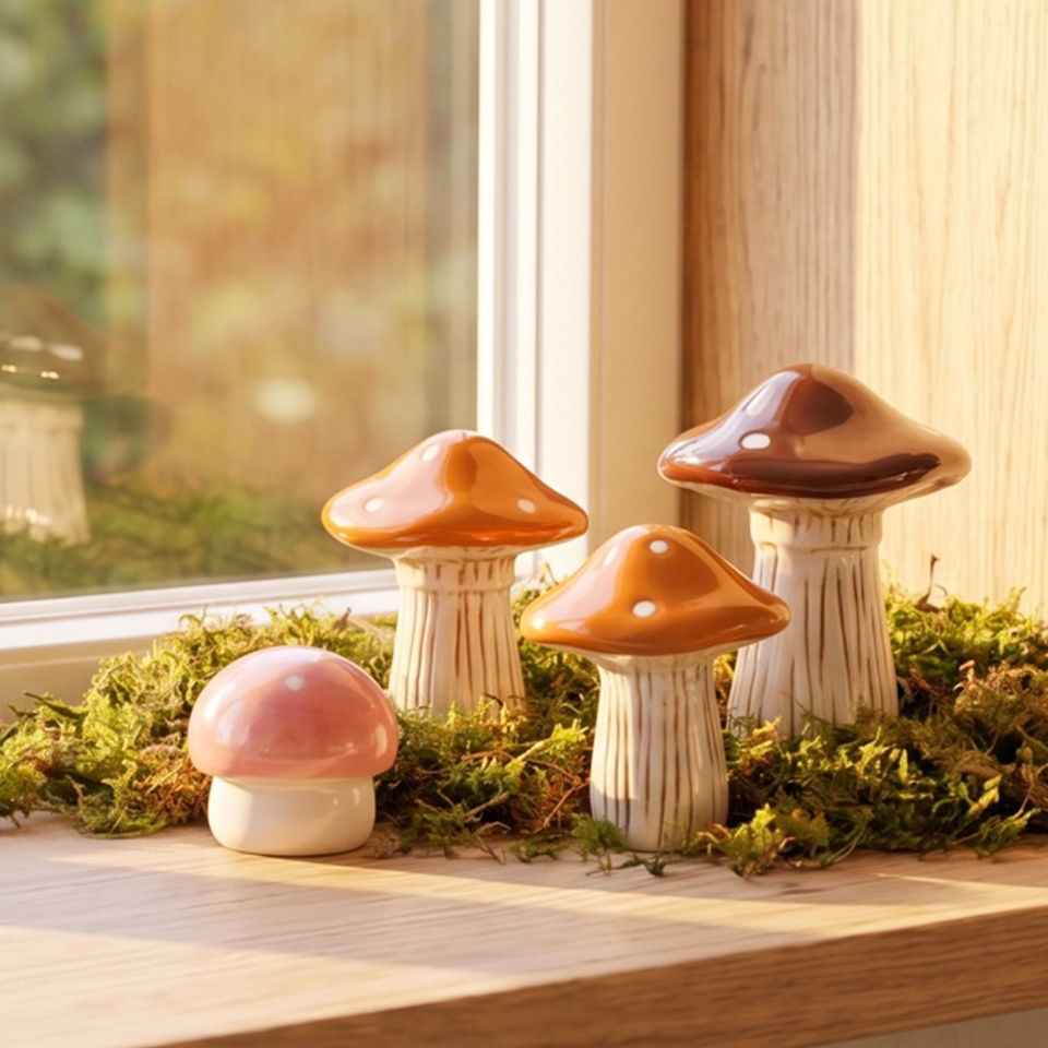 Decorative ceramic mushrooms on a wooden surface near a window.