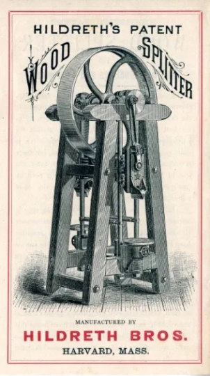 Hildreth's Patent Wood Splitter advertisement from Hildreth Bros, Harvard, Mass.