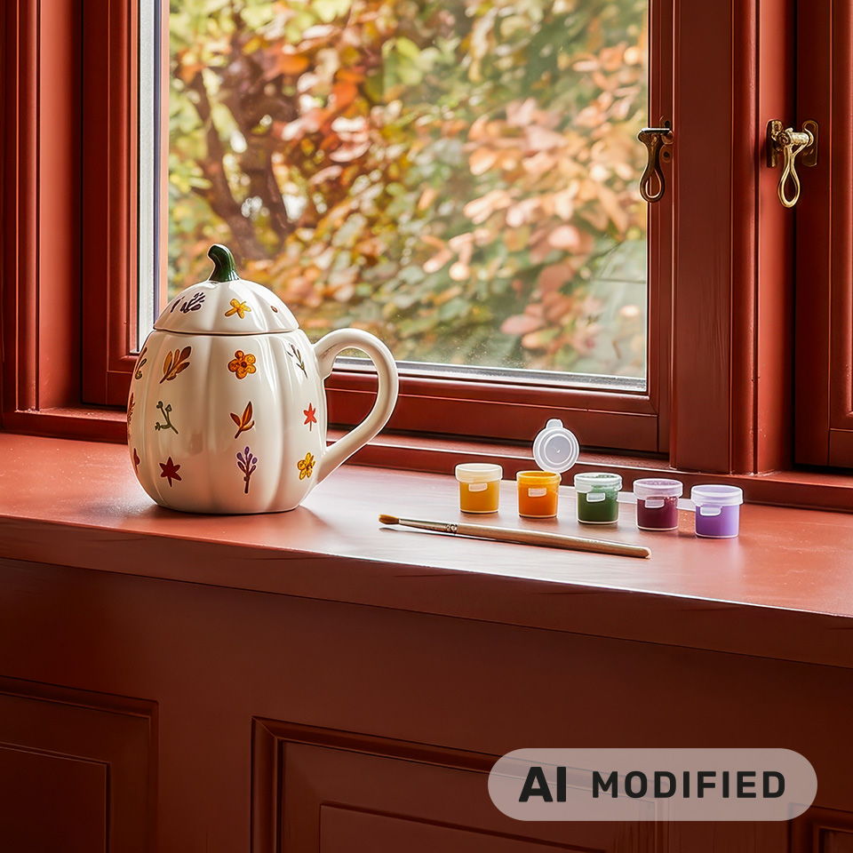 Une théière décorative et des fournitures de peinture sur un rebord de fenêtre, avec des feuilles d’automne à l’extérieur.