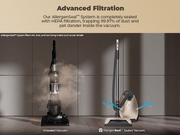 Vacuum cleaners showcasing advanced filtration technology on a neutral background.