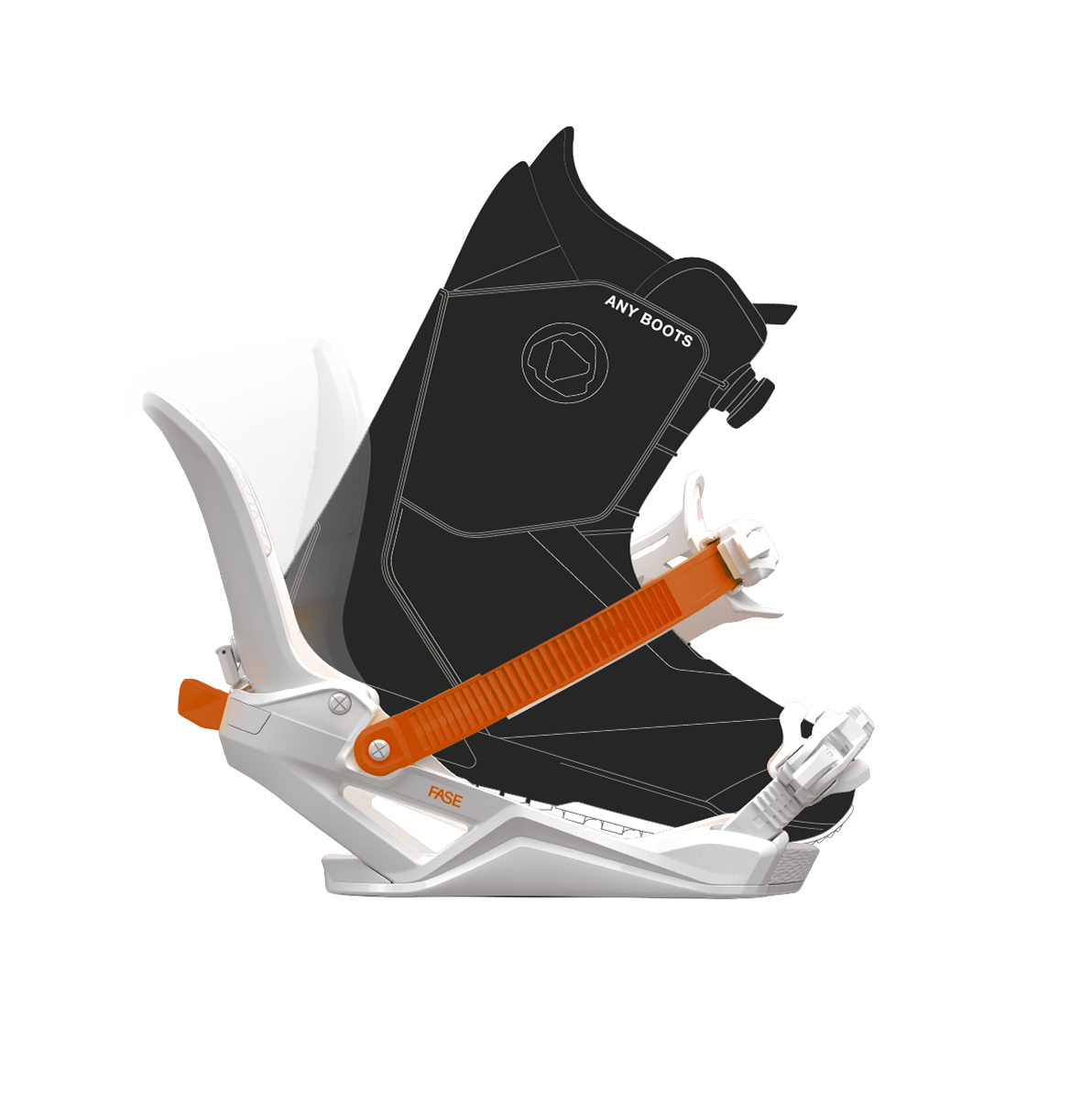 Black snowboard boot on white FASE binding with orange strap.
