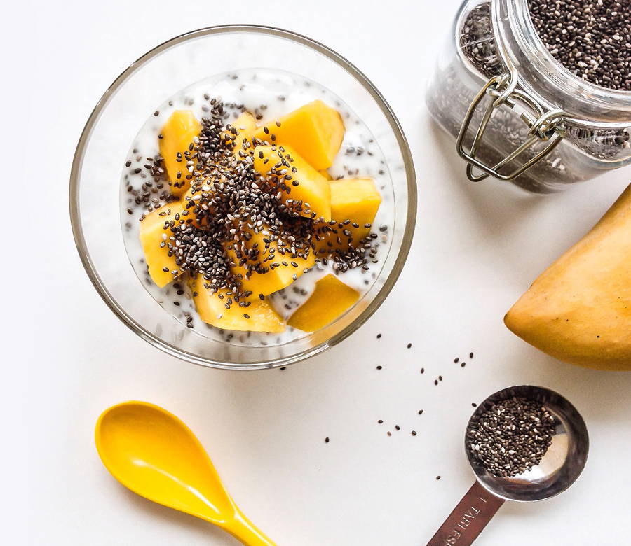 chia seed pudding with ingredients flatlay