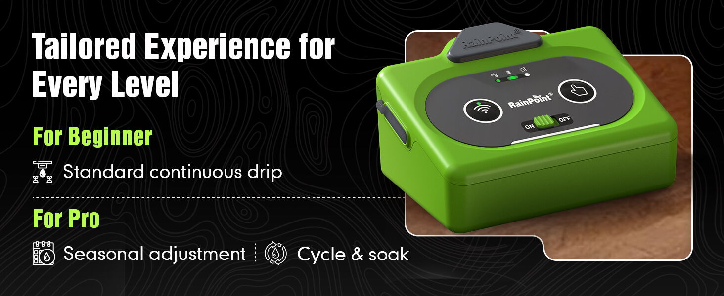 Green device with controls, labeled for beginners and pros.