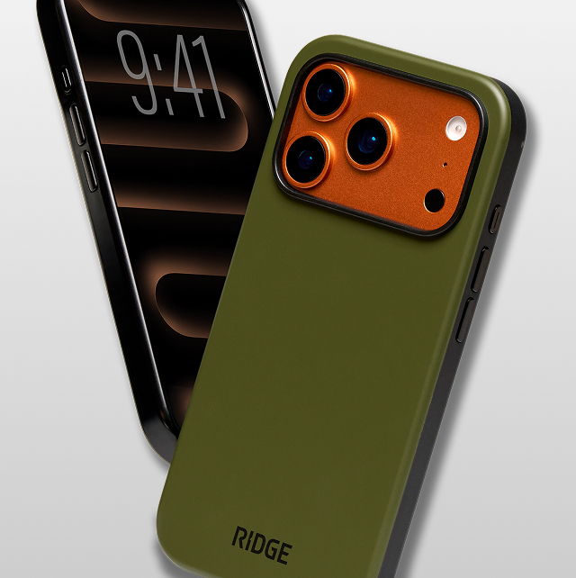 Smartphone with green case and orange camera module, displaying time on screen.