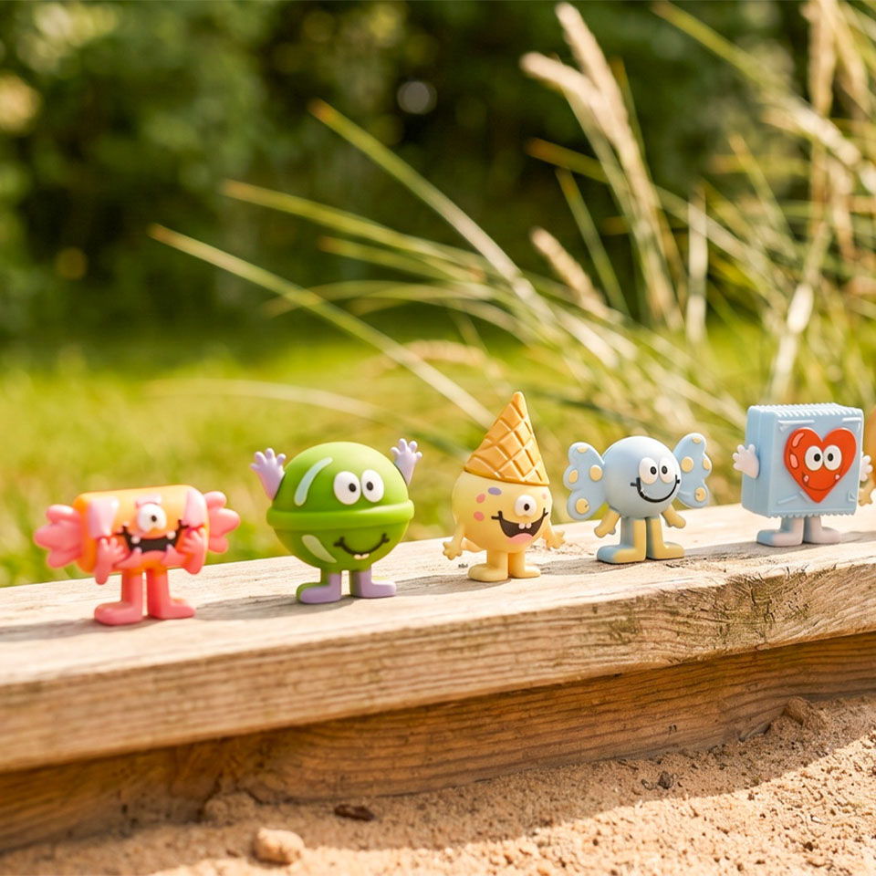 Colorful toy characters lined up on a wooden surface outdoors.
