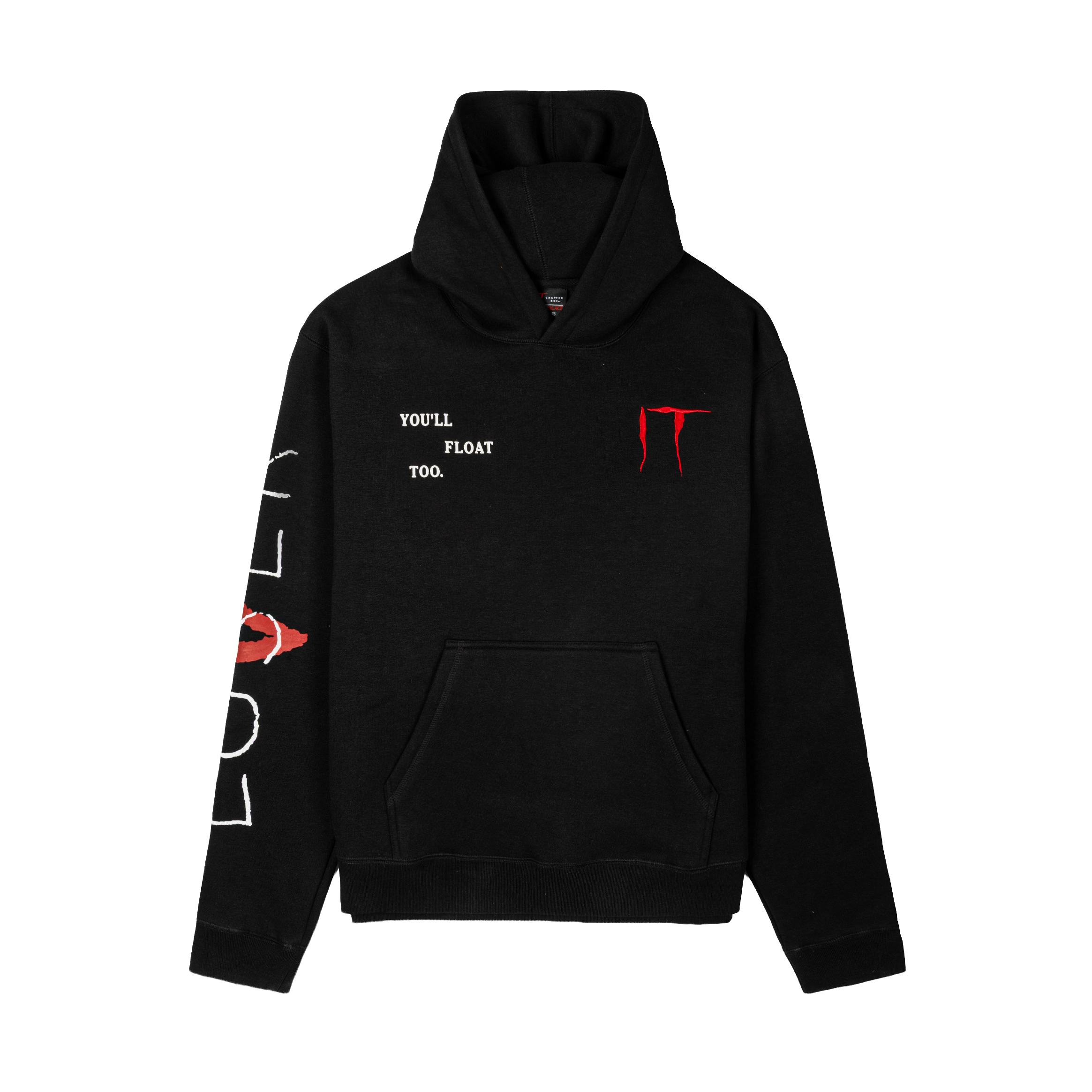 Black hoodie with text and graphic designs on sleeves.