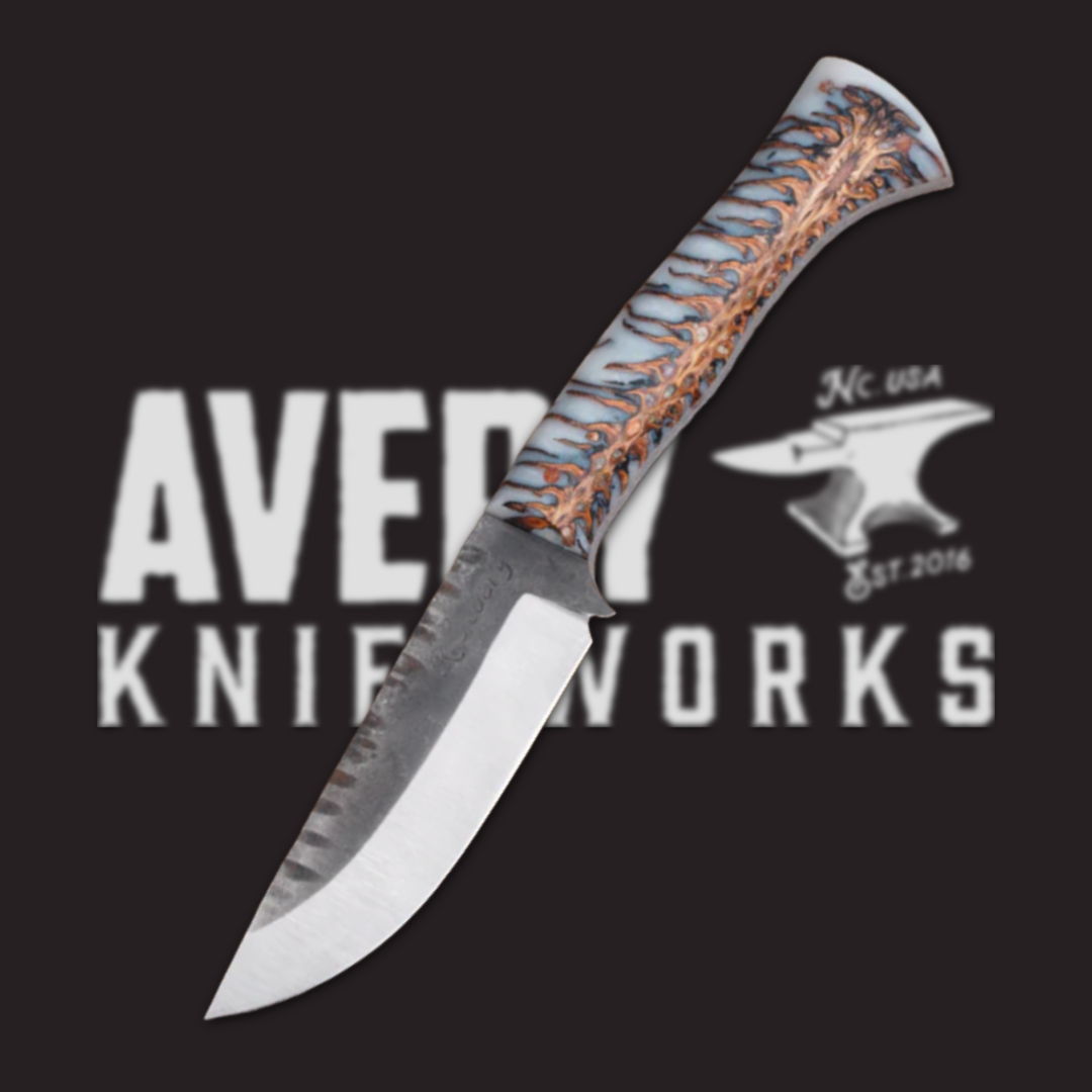 A knife with a patterned handle against a dark background featuring a logo.