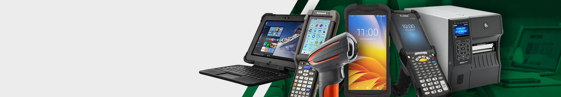 Depicts a variety of barcoding equipment including a tablet, scanner, mobile computers, and label printer.