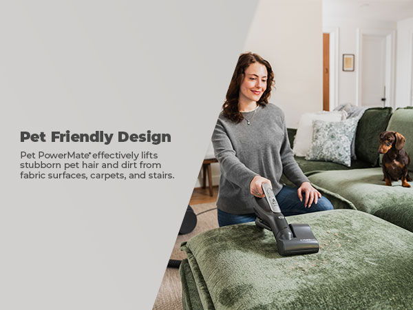 Woman vacuuming a green couch with a dog nearby, promoting pet-friendly design.