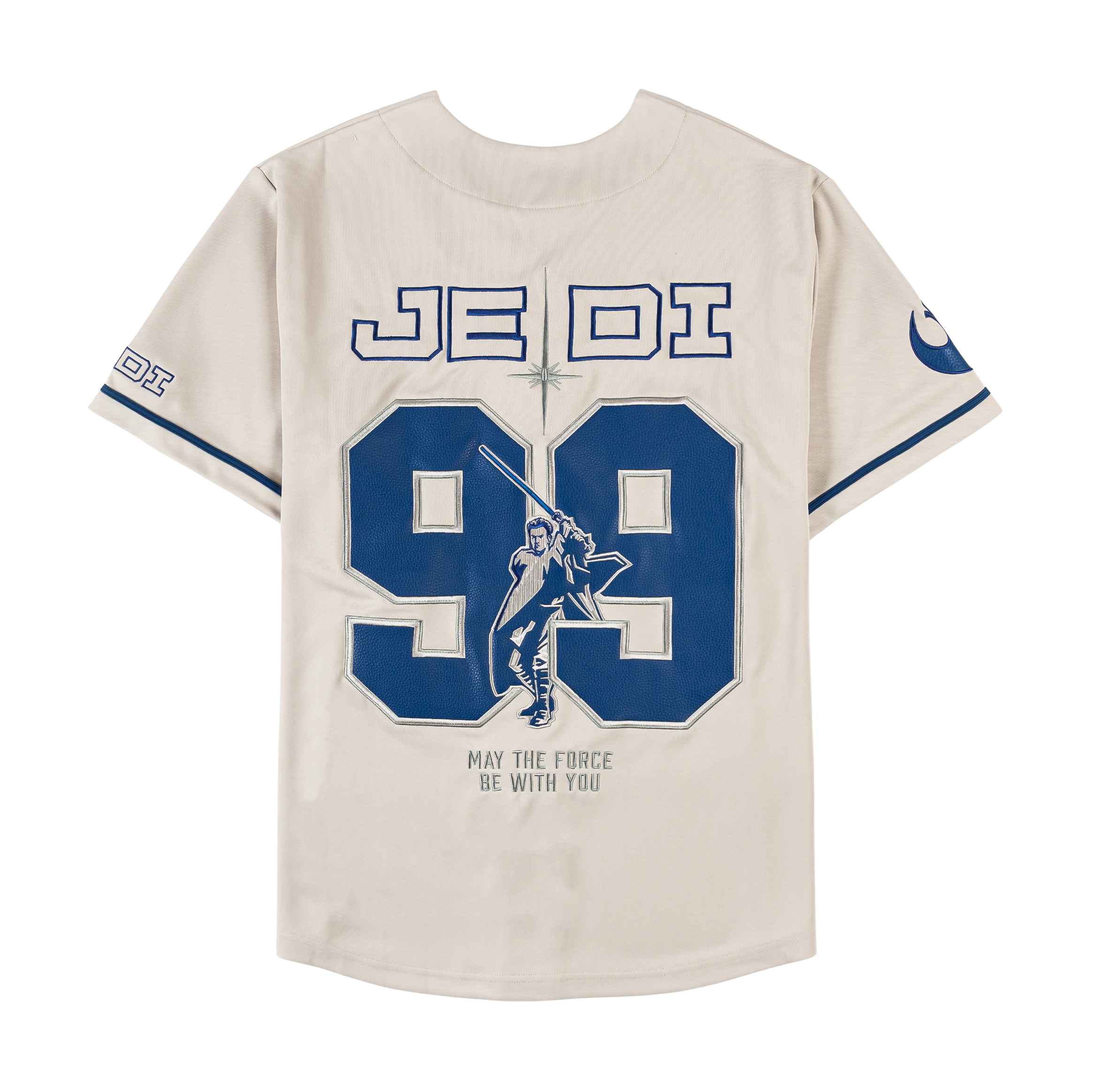 Jedi-themed baseball jersey with blue text and Rebel Alliance logo.