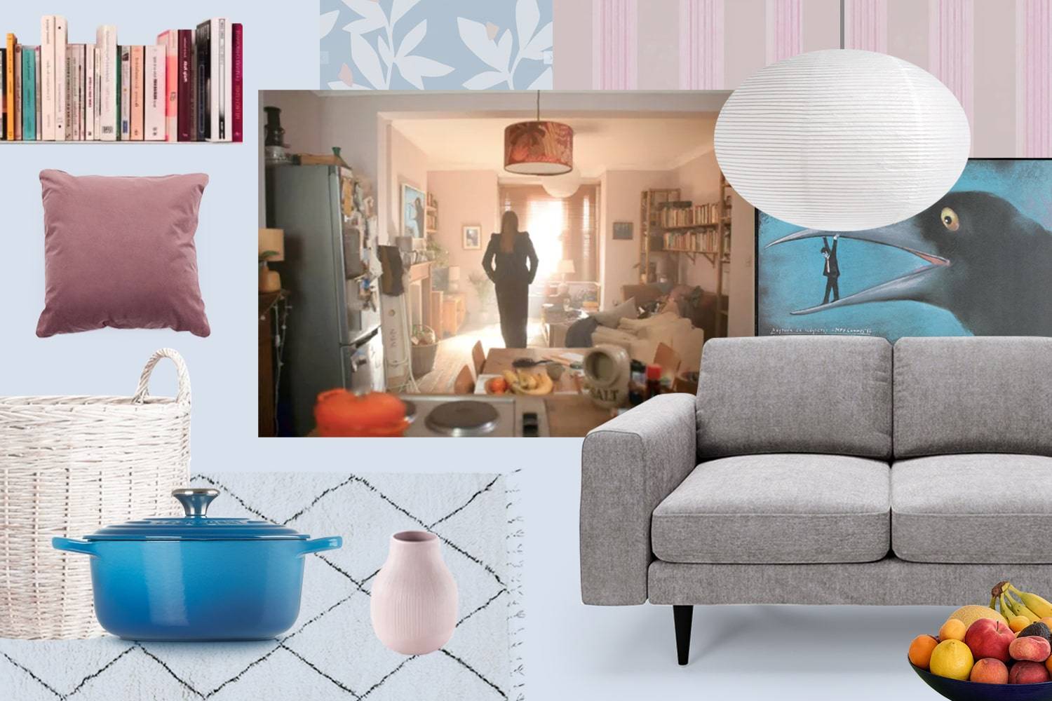 mood board of eve's house with a mid grey sofa