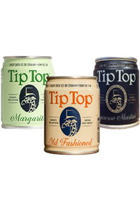 Three cans of Tip Top cocktail mixers in various flavors.
