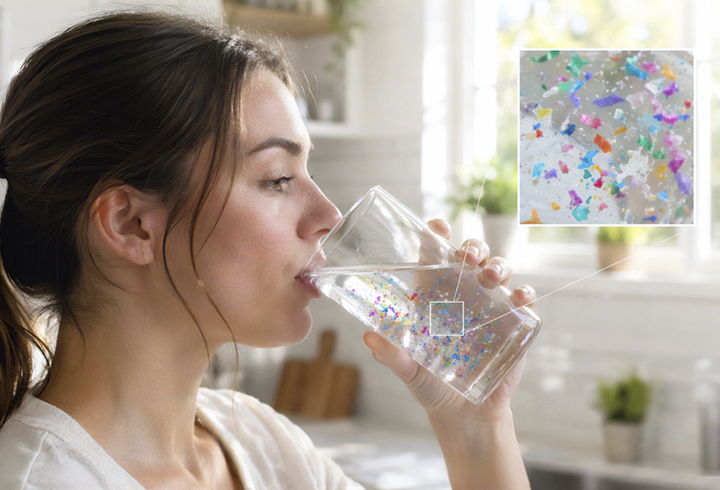 Woman drinking water with microplastics - mobile image