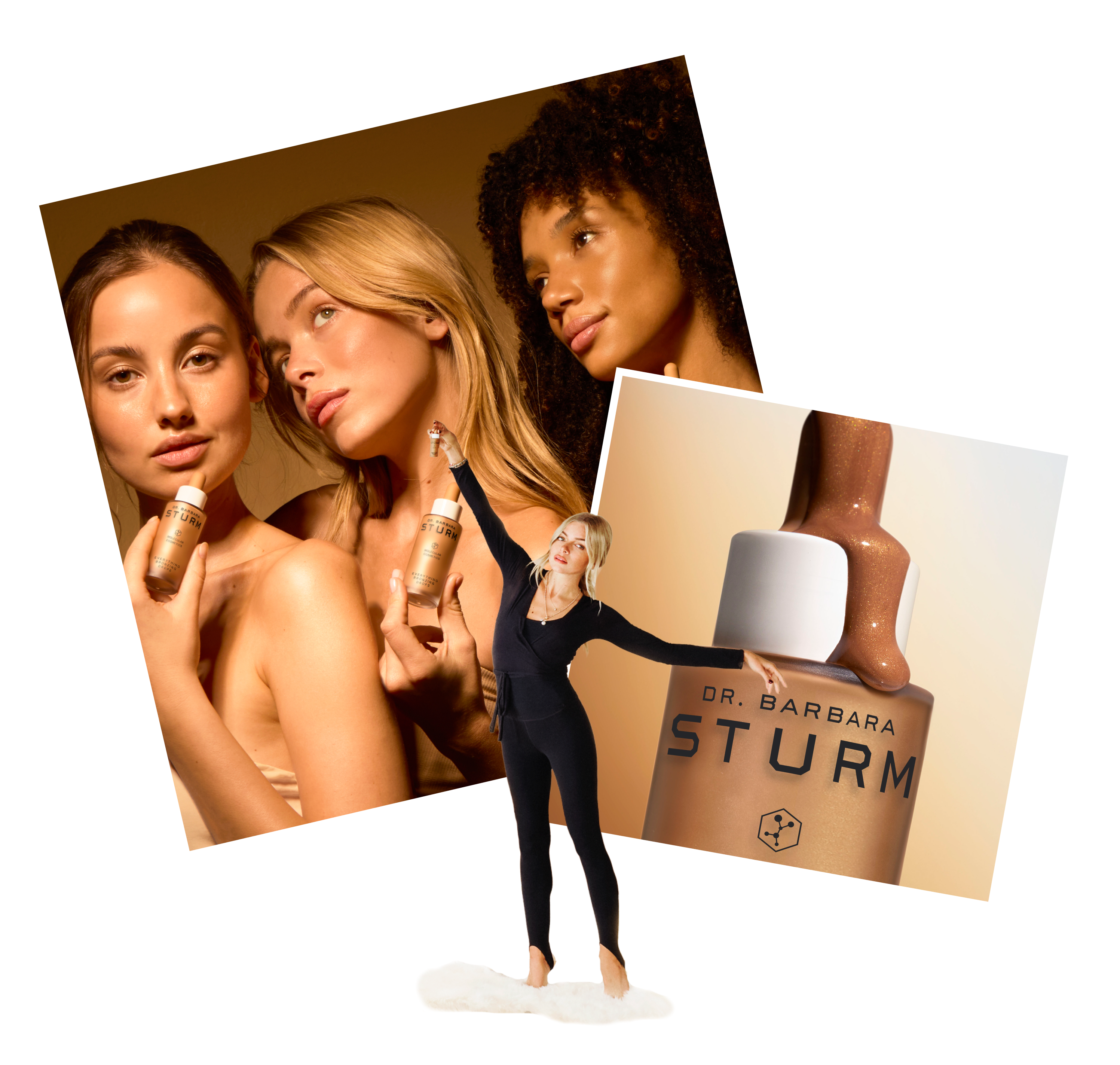 Three women showcasing skincare products with a backdrop of a product bottle.