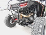Rear three-quarter gold exhaust black muffler Turner Eagle control arm white coilover LED light pods KJ Motorsports RZR 1000 Turbo gallery photo 3