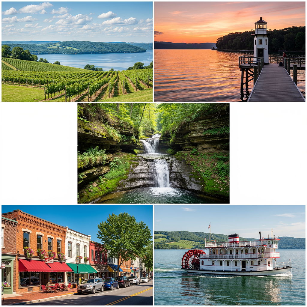 Collage of scenic landscapes, waterfalls, towns, and a riverboat.