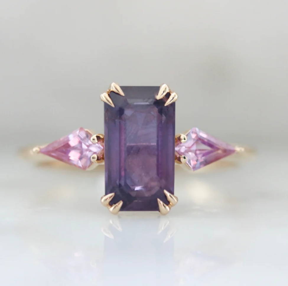 Emerald Cut Pink-Purple Sapphire 3 Stone Engagement Ring